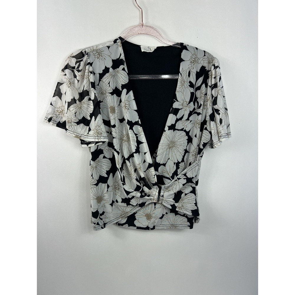 Ember Blouse Women's Sz L Gray White Black Wrap Deep V-Neck Silver Hardware